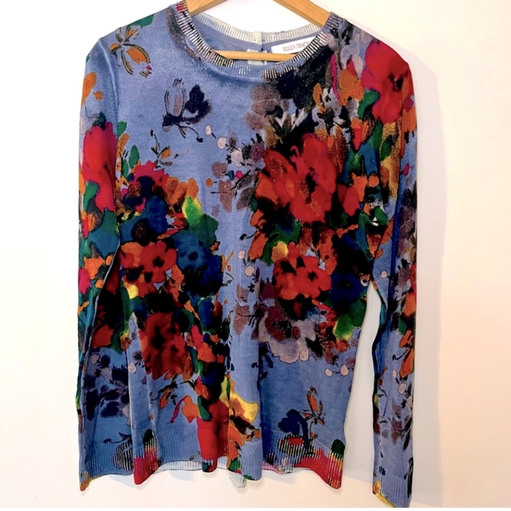 100% Extra Fine Merino Wool Ellen Tracy Floral Print Crewneck Sweater Large